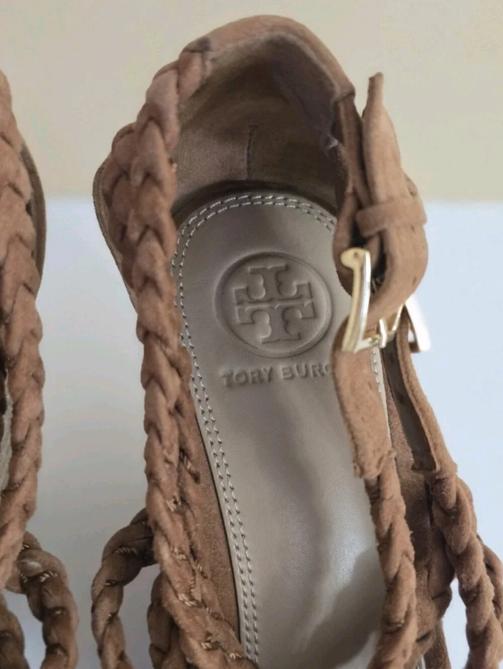 Tory Burch Bailey Suede Leather Espadrille Platform Wedge Brown 7 Ankle Straps